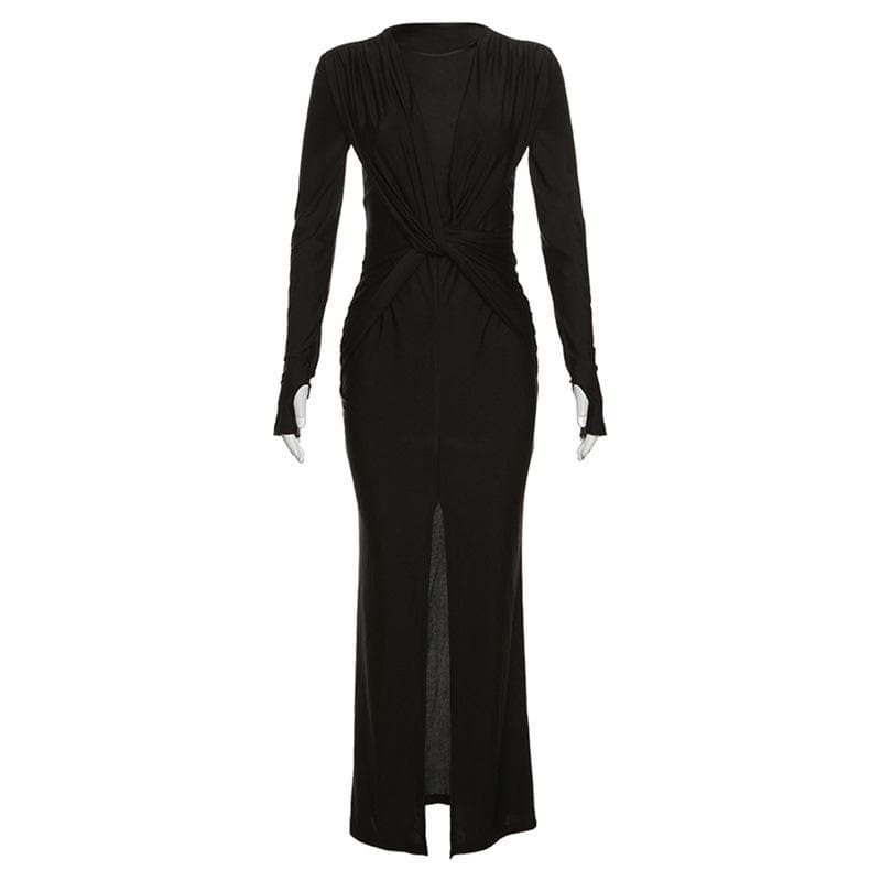 Autumn Allure: Chic Ruched Knotted Maxi Dress with Slit – Long Sleeve Fall Elegance