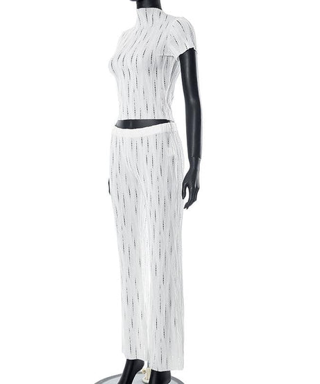 Effortless White Knit Resort Set: Chic High Neck Crop Top & Flared Pants for Your Fall/Winter Getaway