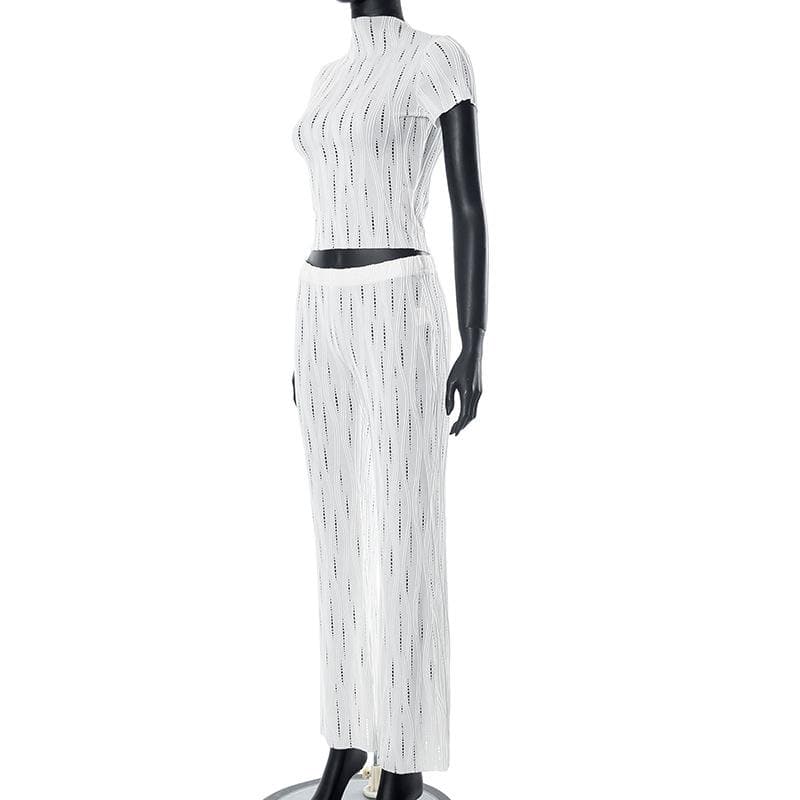 Effortless White Knit Resort Set: Chic High Neck Crop Top & Flared Pants for Your Fall/Winter Getaway
