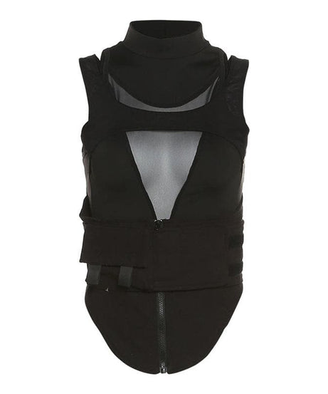 Edgy Mesh Utility Corset Top - High Neck Zip-Up Tactical Streetwear for Fall