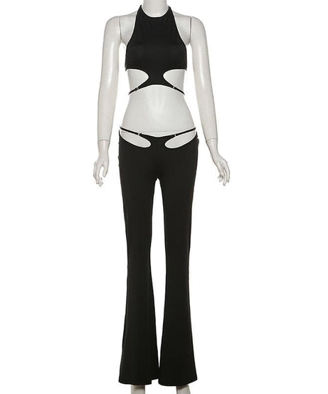 Electrify Your Fall Nights: Daring Cut-Out Halter Crop & Flared Pant Set – Perfect for Halloween & Parties