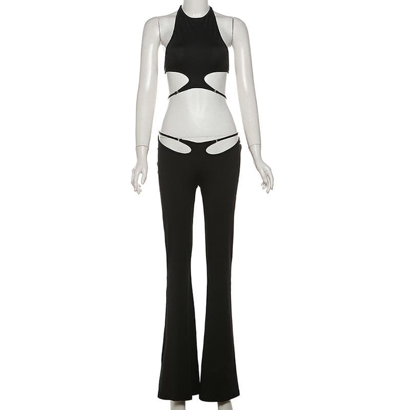 Electrify Your Fall Nights: Daring Cut-Out Halter Crop & Flared Pant Set – Perfect for Halloween & Parties