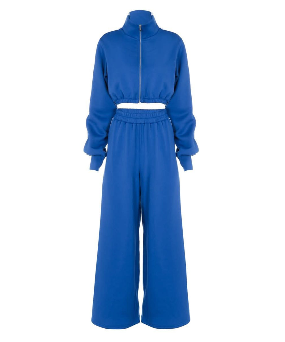 Cozy Chic Fall: Royal Blue Cropped Zip Sweatshirt & Wide-Leg Pant Set