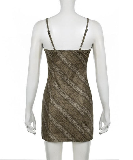 Chic Fall Vibe: Y2K Distressed Print Lace Cami Mini Dress with Side Slit