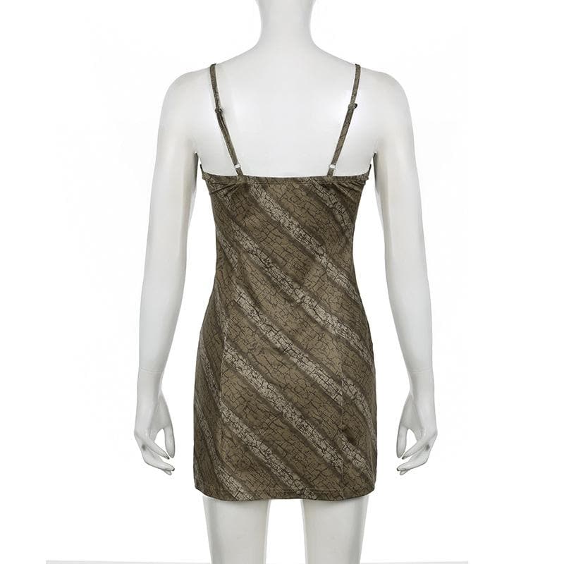 Chic Fall Vibe: Y2K Distressed Print Lace Cami Mini Dress with Side Slit