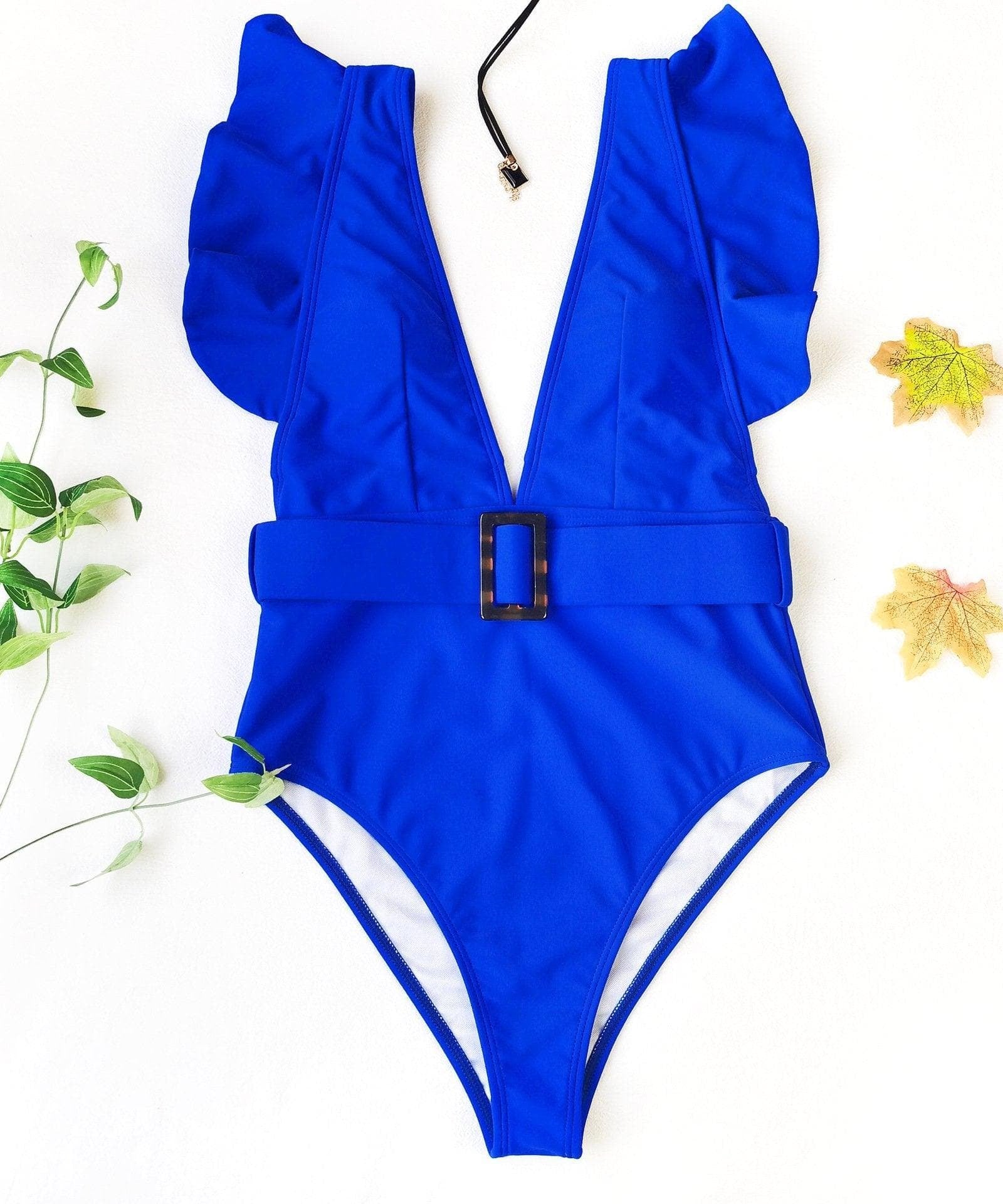 Chic White Ruffle V-Neck One-Piece Swimsuit with Tortoiseshell Buckle | Your Resort & Winter Vacation Essential