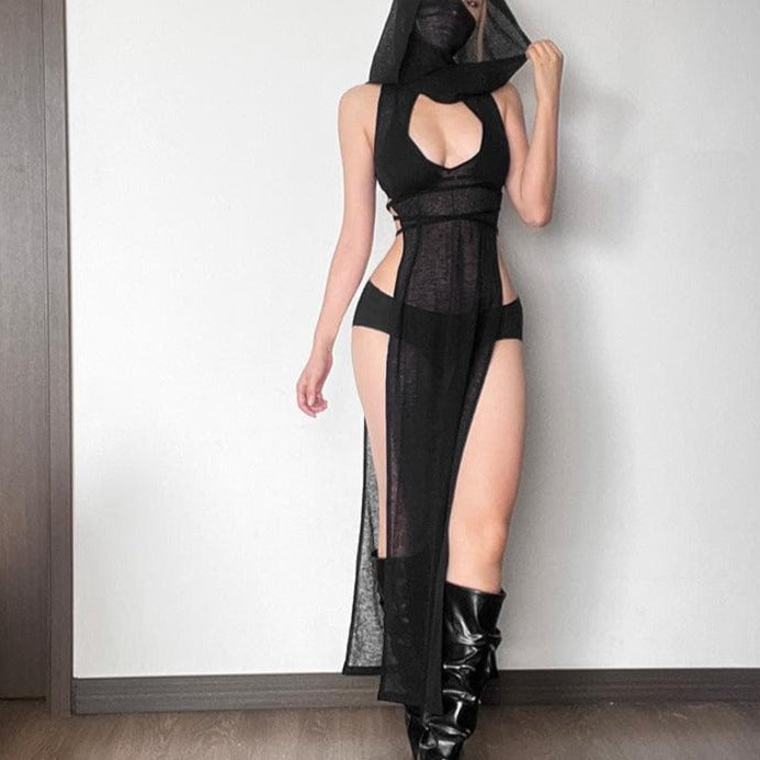 Mystic Vixen Hooded Sheer Maxi Dress – Daring Cutouts & High Slits for Halloween & Club Nights