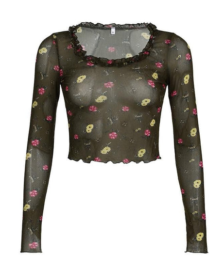 Trendy Floral Mesh Ruffle Crop Top - Sheer Long Sleeve for Fall Layering