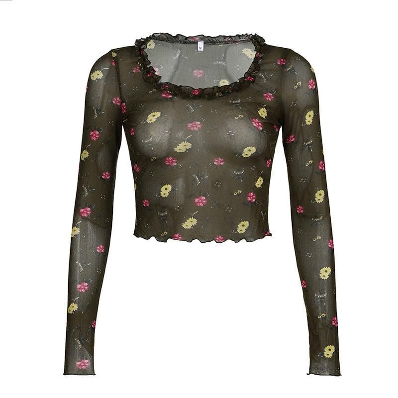 Trendy Floral Mesh Ruffle Crop Top - Sheer Long Sleeve for Fall Layering