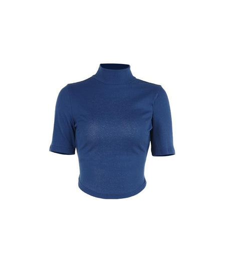 Effortless Fall Style: Chic Navy Blue Mock Neck Short Sleeve Crop Top for Women