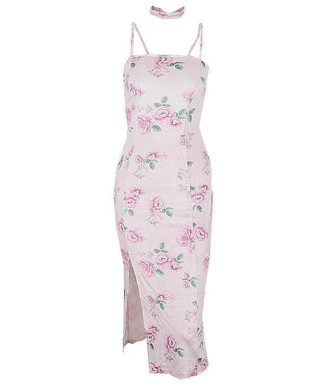 Enchanting Rose Floral Velvet-Touch Midi Dress with Choker & Seductive Slit - Perfect for Fall & Holiday Soirees