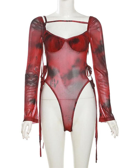 Autumn Edge: Ruched Tie-Dye Mesh Bodysuit with Cutout Ties – Your Go-To for Fall Parties & Halloween