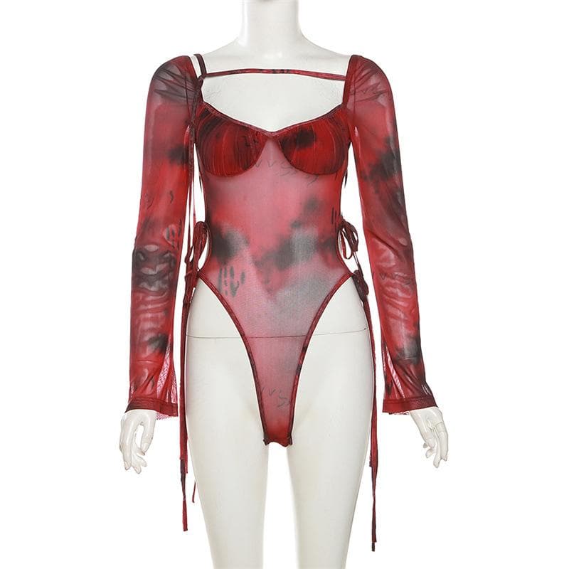 Autumn Edge: Ruched Tie-Dye Mesh Bodysuit with Cutout Ties – Your Go-To for Fall Parties & Halloween