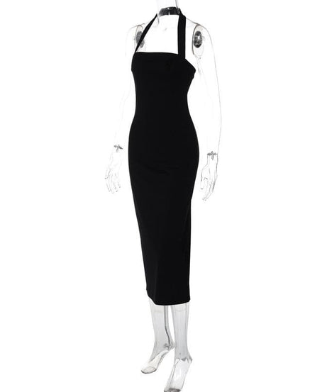 Sleek & Sophisticated Black Halter Midi Bodycon Dress | Your Go-To for Fall & Holiday Parties
