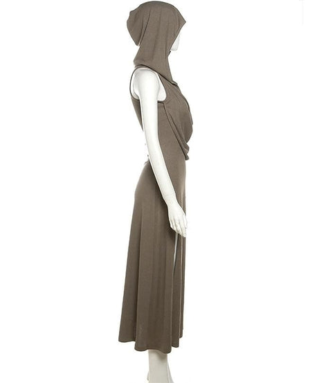Effortless Autumn Style: Hooded Maxi Dress with High Slit & Arm Warmer Set
