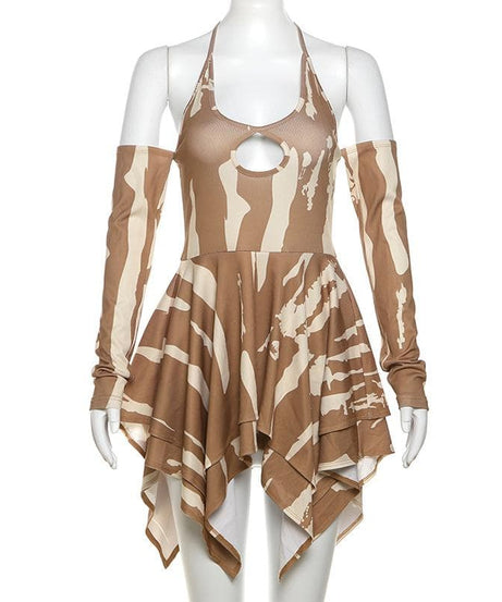 Edgy Fall Nights: Abstract Print Halter Cut-Out Mini Dress with Cold Shoulder Sleeves