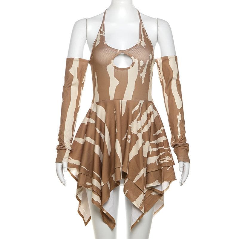 Edgy Fall Nights: Abstract Print Halter Cut-Out Mini Dress with Cold Shoulder Sleeves