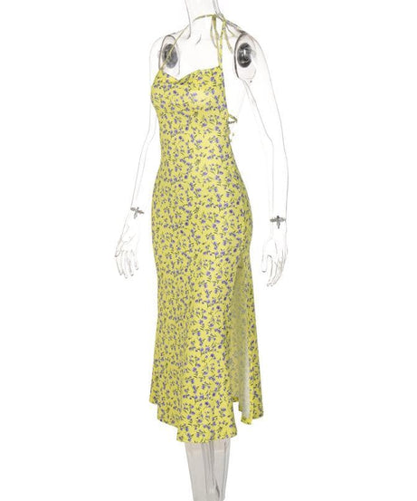Sunny Bloom Halter Cowl Neck Midi Dress | Effortless Yellow Floral Backless Style for Fall & Resort