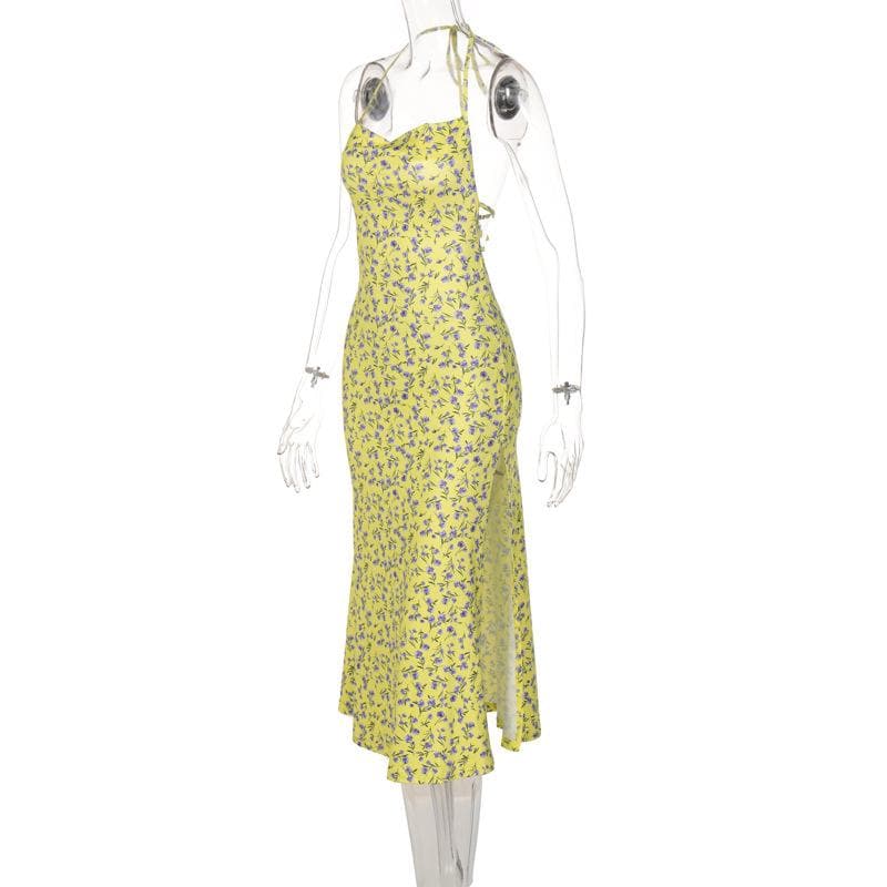 Sunny Bloom Halter Cowl Neck Midi Dress | Effortless Yellow Floral Backless Style for Fall & Resort