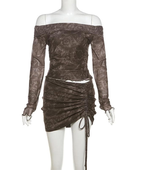 Bewitching Fall Night Out Set: Off-Shoulder Mesh Top & Ruched Mini Skirt