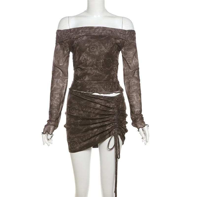 Bewitching Fall Night Out Set: Off-Shoulder Mesh Top & Ruched Mini Skirt