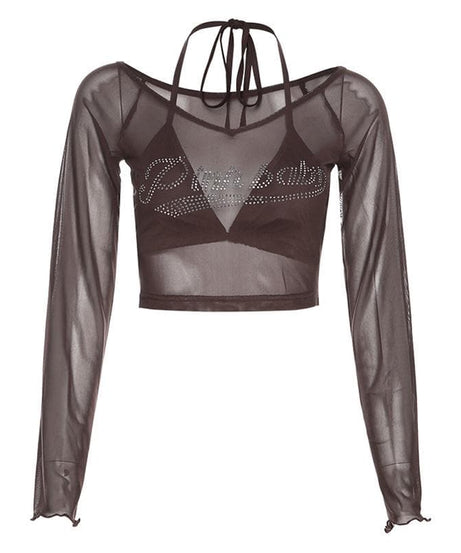 Y2K Glam "Pinkbaby" Rhinestone Mesh Halter Crop Top - Edgy Fall Party & Halloween Essential