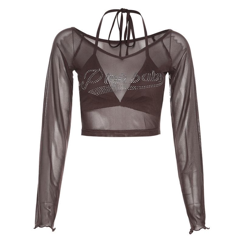 Y2K Glam "Pinkbaby" Rhinestone Mesh Halter Crop Top - Edgy Fall Party & Halloween Essential