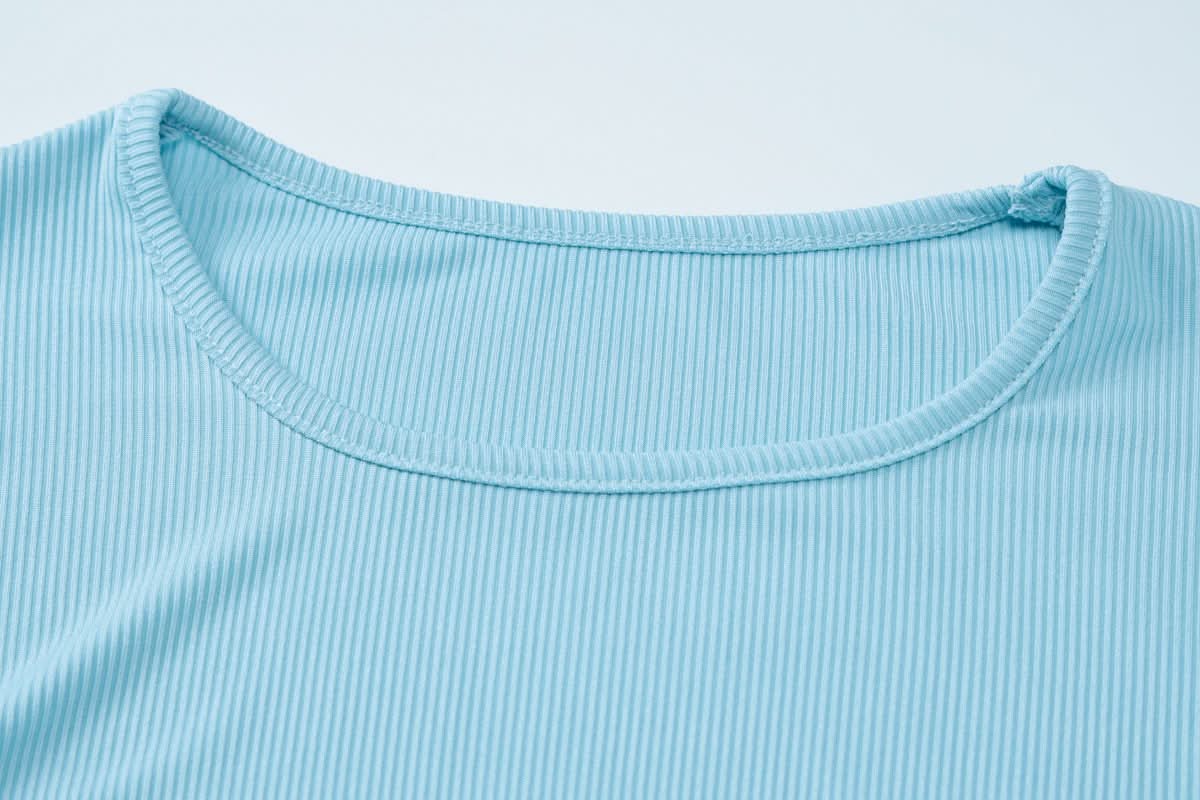Fall Flair: Sky Blue Ribbed Bell Sleeve Crop Top & Flare Pant Set - Cozy Chic Loungewear