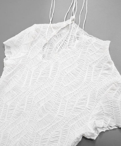 Chic White Textured Mesh Mini Dress - High Neck Self-Tie Bodycon for Fall Parties & Night Out