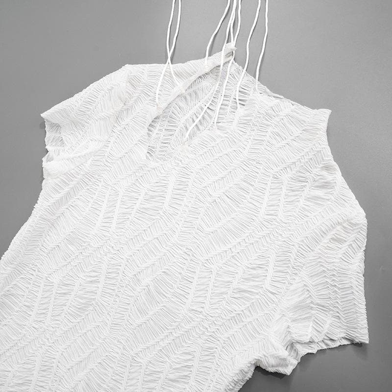 Chic White Textured Mesh Mini Dress - High Neck Self-Tie Bodycon for Fall Parties & Night Out