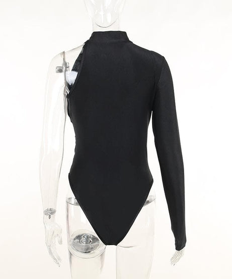 Effortless Fall Chic: Black One-Shoulder Ruched Bodysuit - Draped Mock Neck Style