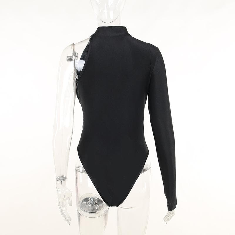 Effortless Fall Chic: Black One-Shoulder Ruched Bodysuit - Draped Mock Neck Style