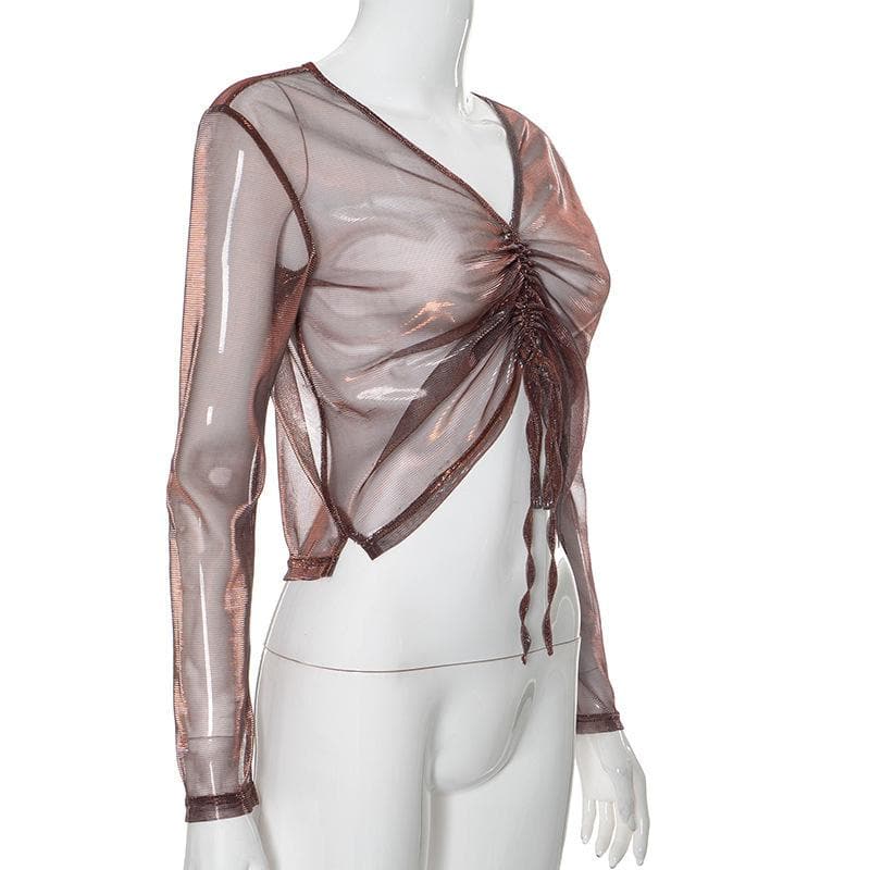 Fall Glam: Shimmer Mesh Ruched V-Neck Top - Long Sleeve Drawstring Party Ready
