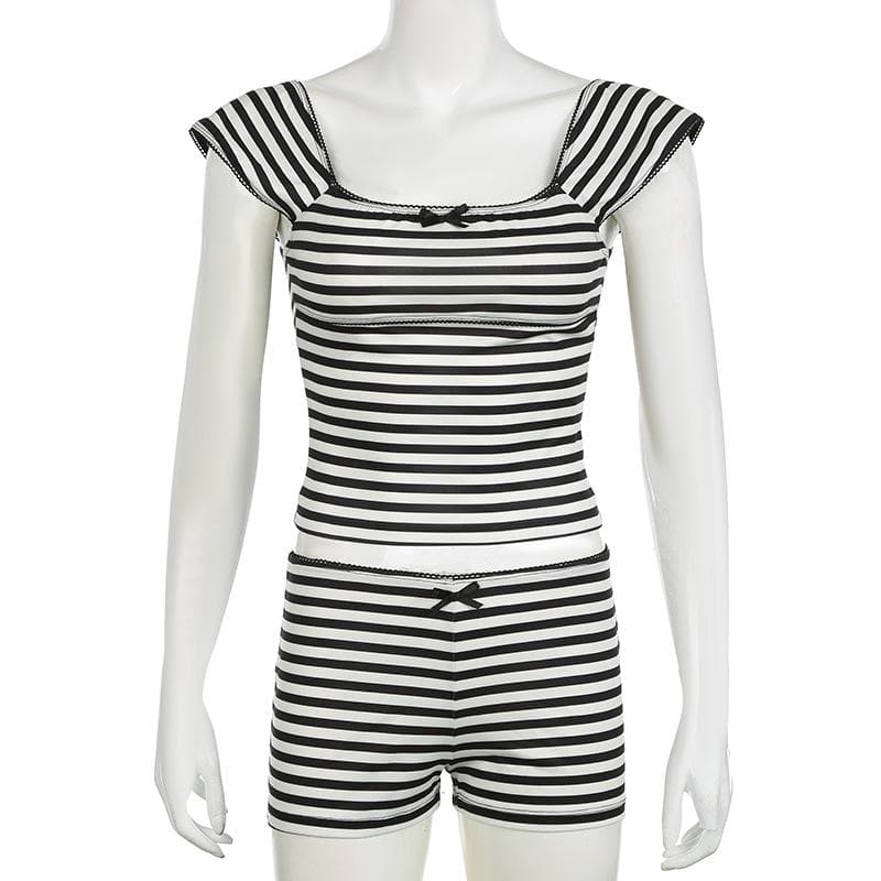 Effortlessly Stylish Striped Pajama & Loungewear Set - Women's Comfy Cap Sleeve Top & Shorts for Cozy Fall Nights