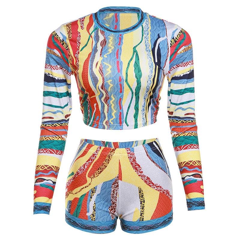 Vibrant Coogi-Inspired Long Sleeve Crop Top & Shorts Set - Chic Fall Loungewear for Women