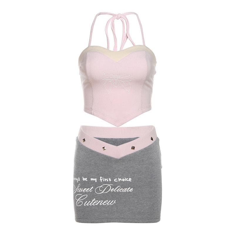Sweetheart Coquette Pink Halter Crop Top & V-Cut Mini Skirt Set – Trendy Fall Style