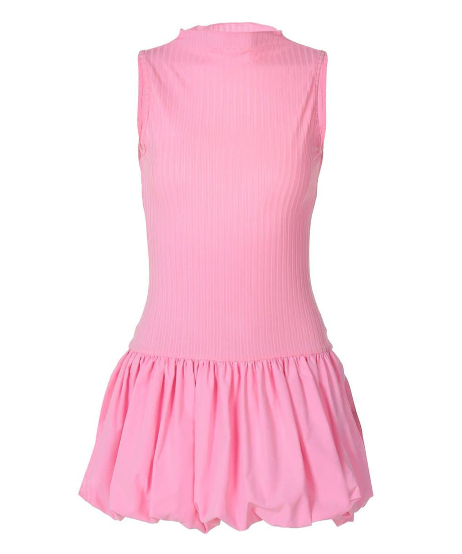Bubblegum Dream: Pink Ribbed Mock Neck Mini Dress with Chic Bubble Hem – Your Essential Fall Statement