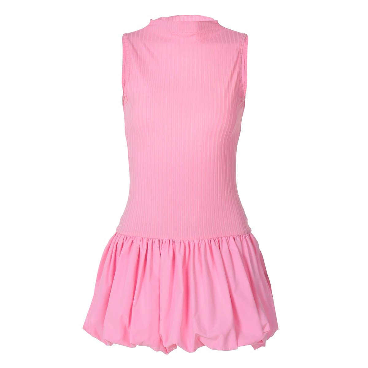 Bubblegum Dream: Pink Ribbed Mock Neck Mini Dress with Chic Bubble Hem – Your Essential Fall Statement