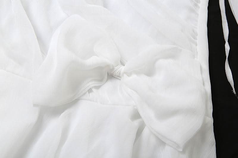 Enchanted Aura White Off-Shoulder Halter Mini Dress | Ruffle Chiffon Bow for Fall Parties & Chic Halloween