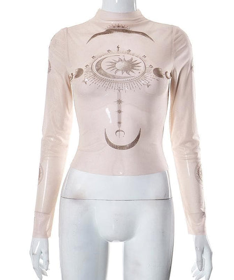Cosmic Aura Sheer Mesh Mock Neck Top - Celestial Sun & Moon Fall Fashion