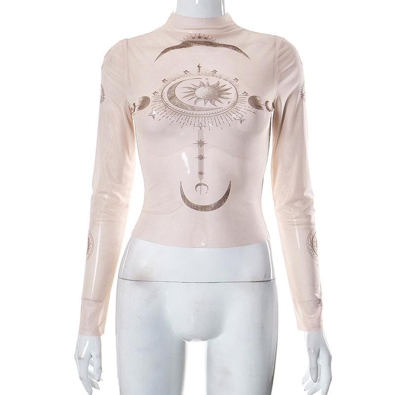 Cosmic Aura Sheer Mesh Mock Neck Top - Celestial Sun & Moon Fall Fashion