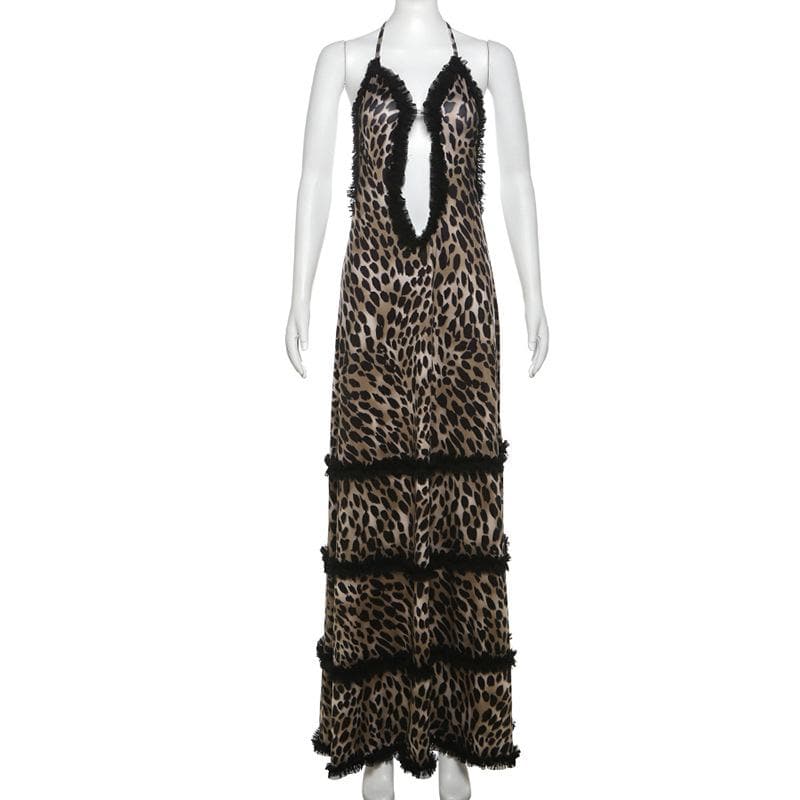 Fall Rendezvous: Luxe Leopard Ruffle Halter Maxi Dress – Your Head-Turning Style Statement