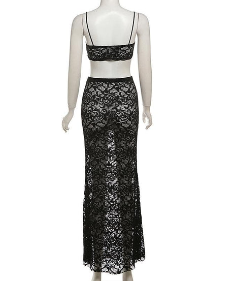 Bewitching Black Lace Sheer Maxi Set: Cami Crop Top & Skirt – Daring Style for Fall Nights & Holiday Glam