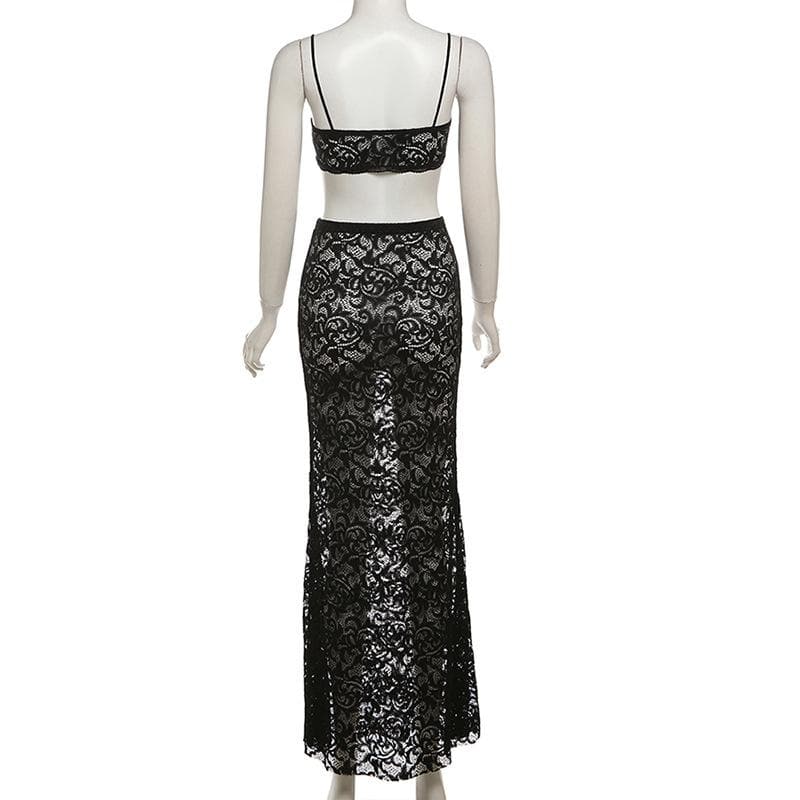 Bewitching Black Lace Sheer Maxi Set: Cami Crop Top & Skirt – Daring Style for Fall Nights & Holiday Glam