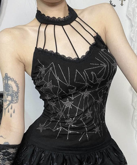 Haunted Glamour: Rhinestone Spiderweb Halter Top - Spooky Season & Y2K Grunge Style