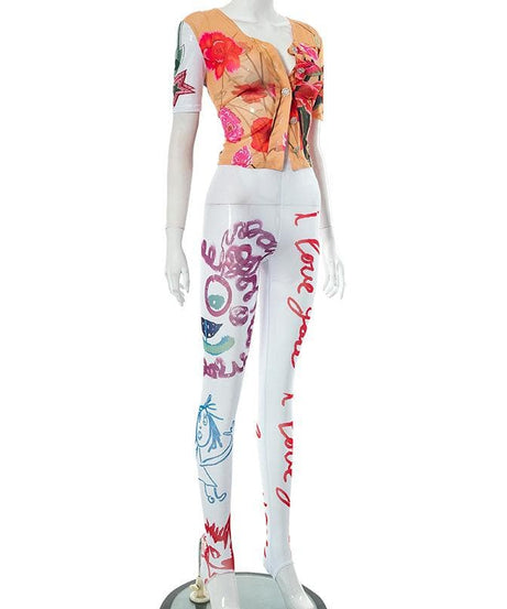 Love Blooms Fall Set: Women's Floral Sheer Top & 'I Love You' Graphic Stirrup Leggings