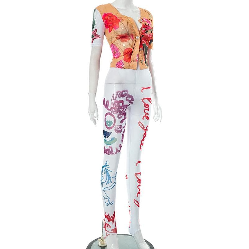 Love Blooms Fall Set: Women's Floral Sheer Top & 'I Love You' Graphic Stirrup Leggings