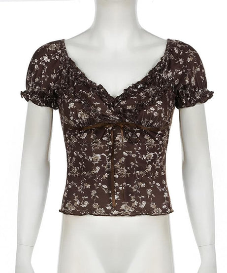 Autumn Bloom Brown Floral Sweetheart Top - Chic Puff Sleeve Ruffle Blouse