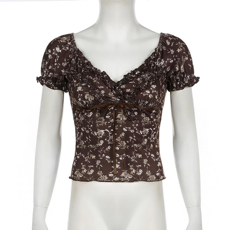 Autumn Bloom Brown Floral Sweetheart Top - Chic Puff Sleeve Ruffle Blouse