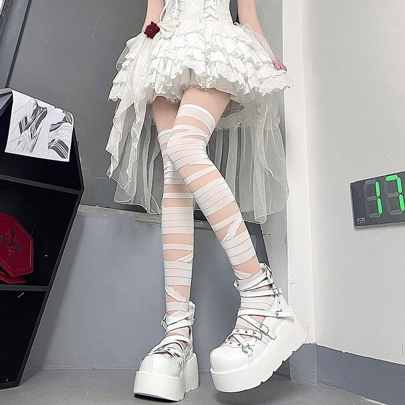 Spooky Season Essential: Gothic Bandage Thigh High Socks – Perfect for Halloween Costumes & Edgy Alt Fashion